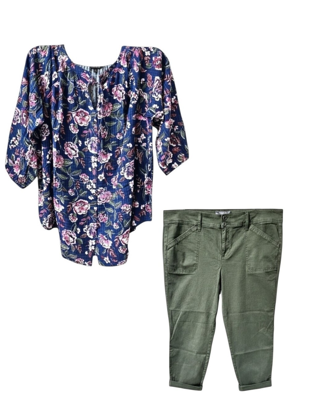 Torrid 2X floral cold shoulder top with olive twill aviator crop jeans set NWT